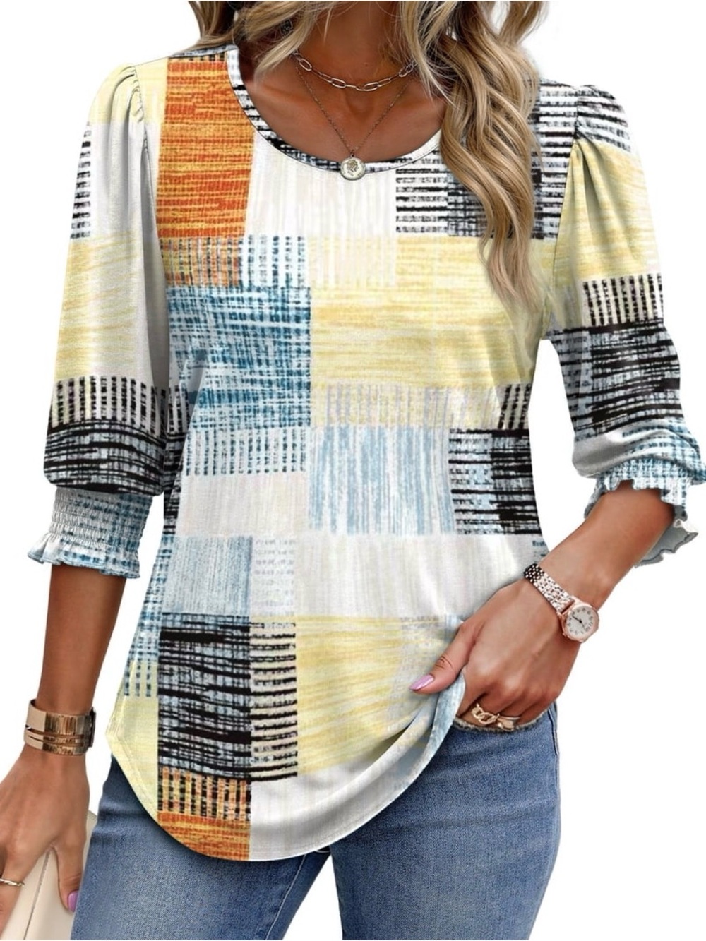 Fantaslook Blouse 3/4 Length Sleeve Smocked Cuffs